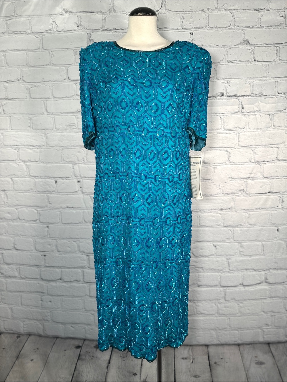 Vintage 80s NOS Aqua Sequin Beaded Silk Flapper Party Dress Midi Shift S/M